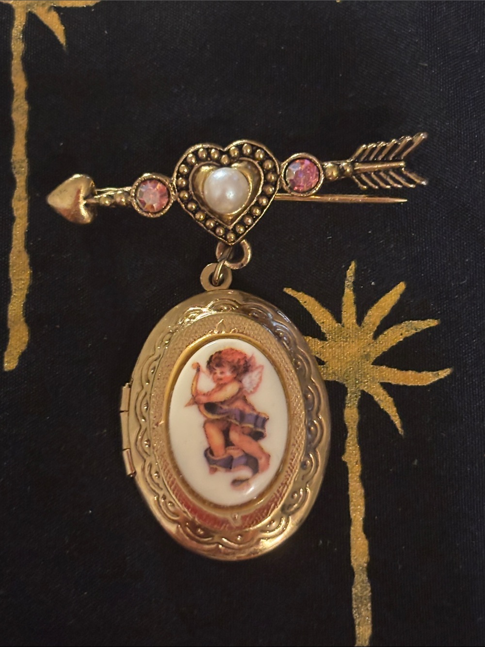 Gold Heart Arrow Locket Brooch with Pink Accents
